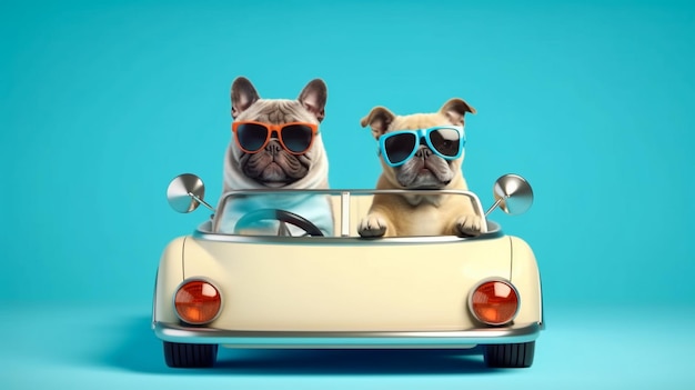 Lustiger Mops und Katze mit Sonnenbrille im Spielzeugauto auf hellblauem Hintergrund