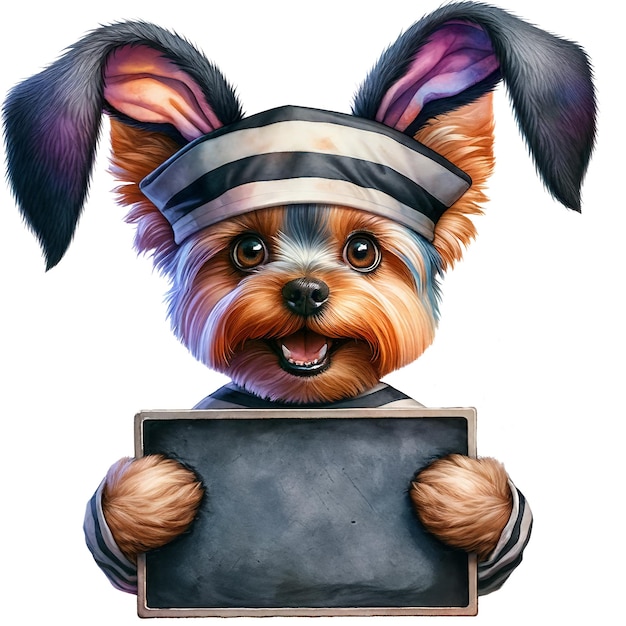 Lustiger Osternhund Yorkshire Terrier mit Kaninchenohren hält Schwarztafel für Text Schlechter Kaninchenrasse Hund