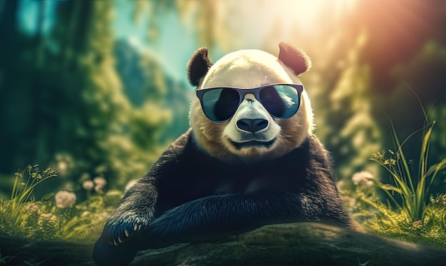 Lustiger Pandabär mit Sonnenbrille in der Natur Der Frühling kommt Generative KI