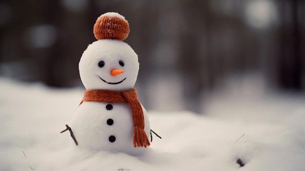 Lustiger Schneemann mit orangefarbener runder Strickmütze und Schal steht im Schnee in der Natur. Breites Banner