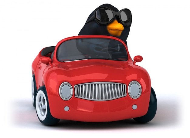 Lustiger schwarzer Vogel 3d, der ein Auto fährt