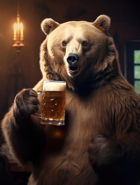 Lustiger süßer Bär, der einen Becher goldenes Bier hält