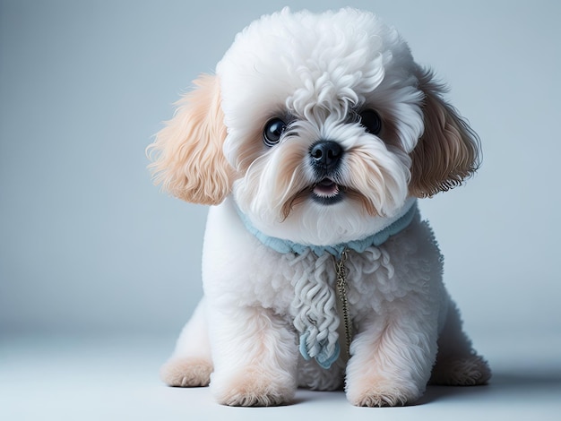 Lustiger süßer Bichon Frise Hund sitzt auf weichem Pastellhintergrund, ai generativ