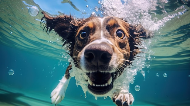 Lustiger süßer Hund taucht im Pool und spielt mit einem Ball