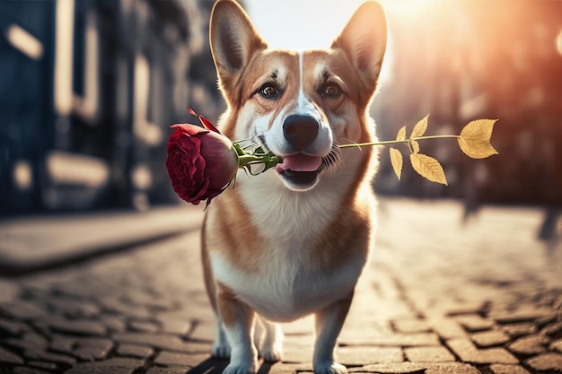 Lustiger walisischer Corgi-Hund mit einer roten Rose in seinem Mund realistische Illustration Generative KI