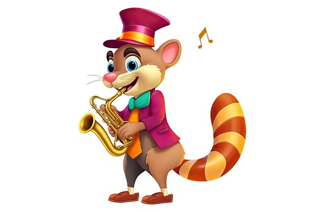 Lustiger Waschbär, der Saxophon spielt, isoliert auf einer weißen Hintergrundillustration