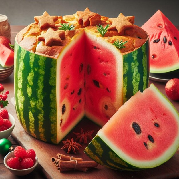 Lustiger Wassermelonen-Panettone-italienischer süßer Weihnachtskuchen in Weihnachtsatmosphäre
