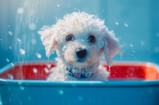 Lustiger Welpe sitzt in der Badewanne und wartet auf das Pflegebanner für die generative KI des Tierhandlungspflegesalons