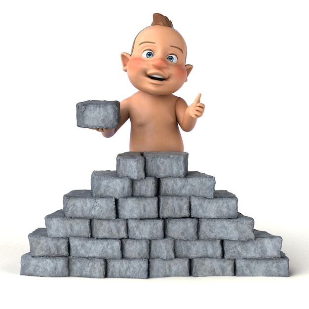 Lustiges 3D-Cartoon-Baby, das eine Wand baut