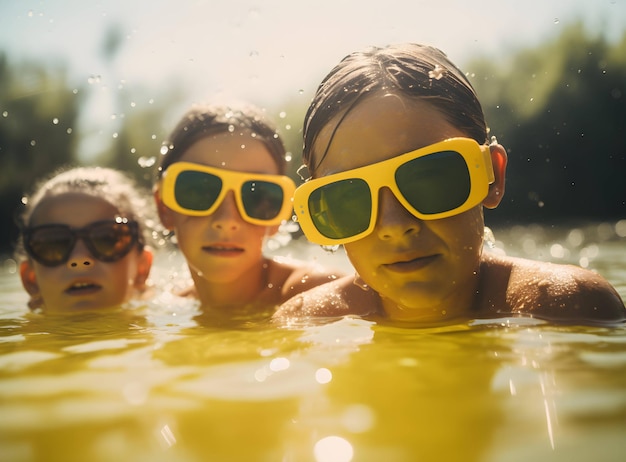 Lustiges aufgeregtes Kind, das den Sommerurlaub im Wasserpark genießt und lachend auf dem gelben Schwimmer reitet