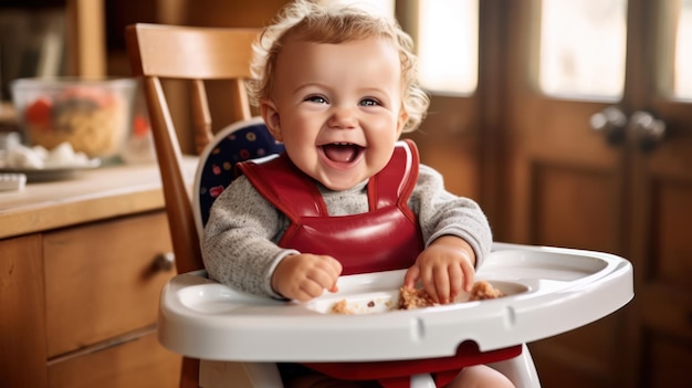 lustiges Baby isst gesundes Essen in der Küche