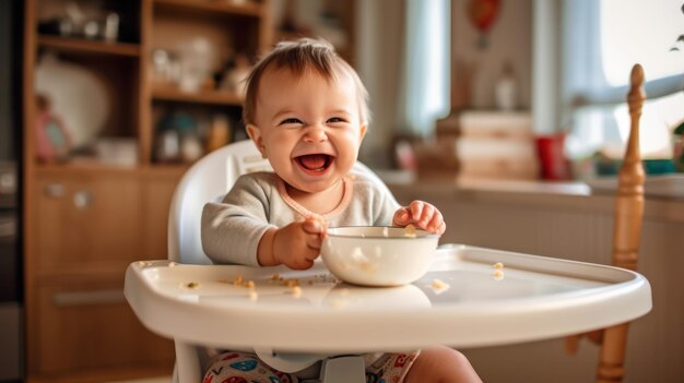 lustiges Baby isst gesundes Essen in der Küche