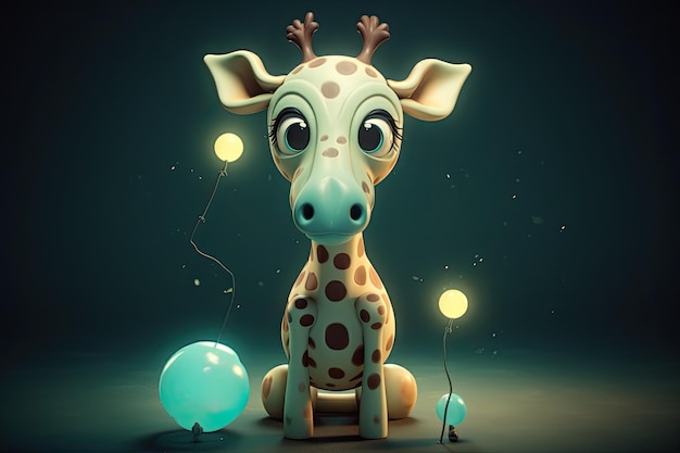 Lustiges Bild einer 3D-Cartoon-Giraffe in blauen und gelben Farben mit blauem Hintergrund. Generative KI
