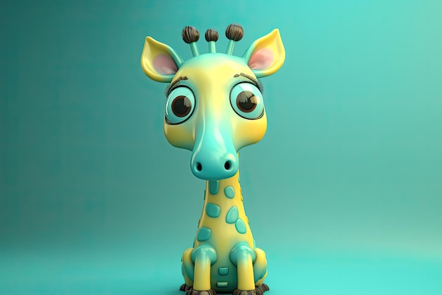 Lustiges Bild einer 3D-Cartoon-Giraffe in blauen und gelben Farben mit blauem Hintergrund. Generative KI