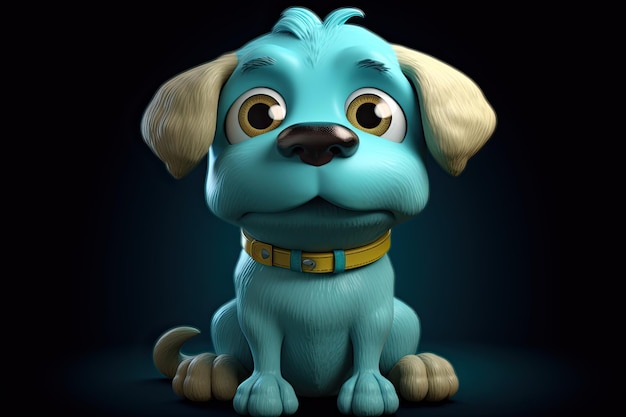 Lustiges Bild eines 3D-Cartoon-Hundes in den Farben Blau und Gelb mit blauem Hintergrund. Generative KI