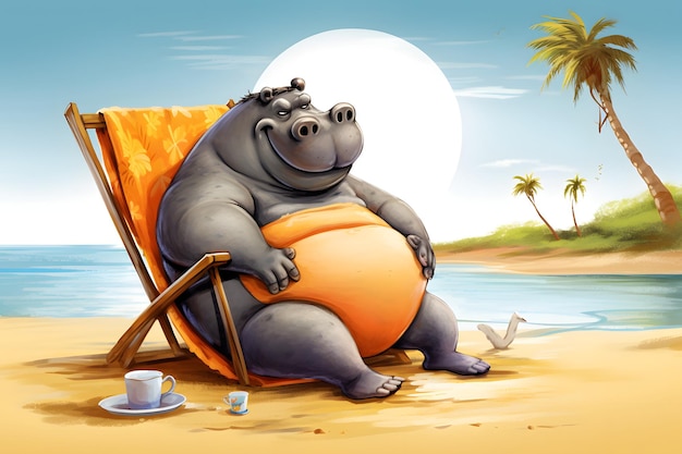 Lustiges Cartoon-Fett-Flusspferd, das auf einem kaputten Strandkorb sitzt, isoliert über weißem Hintergrund. Fettleibigkeit und Übergewicht