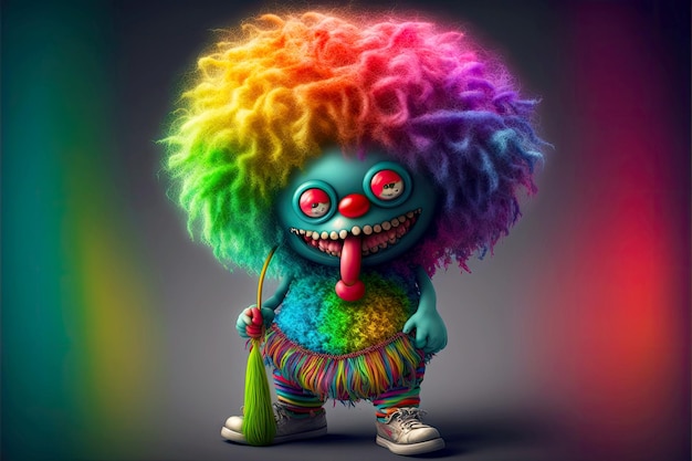 Lustiges Clownmonster mit Regenbogenperücke in den Händen süßes lustiges Monster generative ai