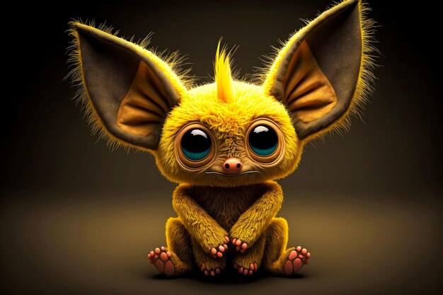 Lustiges gelbes Monster mit großen Ohren und Pfoten auf dunklem Hintergrund süßes lustiges Monster generative ai