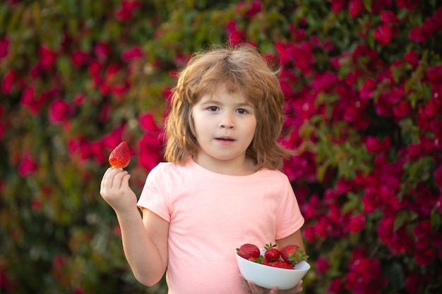 Lustiges Gesicht des Kindes Glücklicher Kleinkindjunge mit frischen Erdbeeren