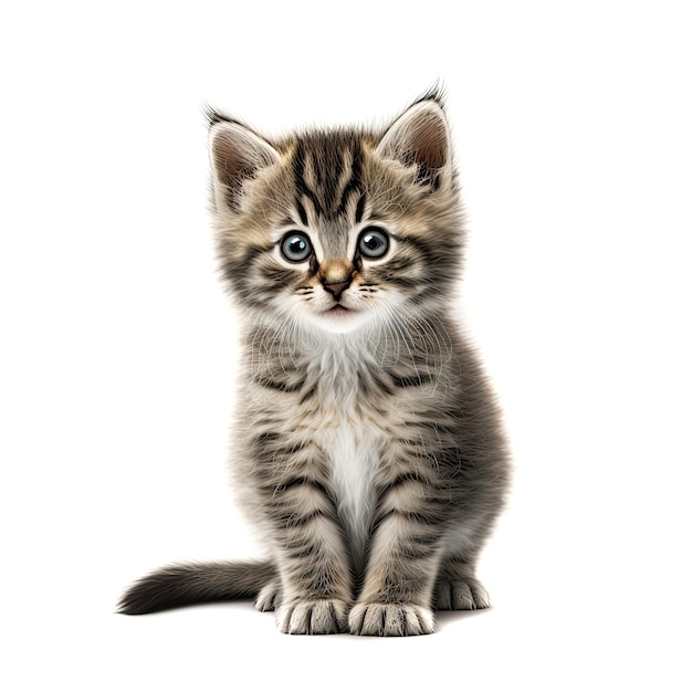Lustiges graues Kätzchen mit schönen großen Augen, die auf weißem Hintergrund posieren Schöne flauschige Katze Freier Platz für Text Generative KI