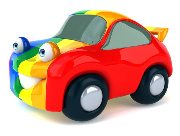 Lustiges illustriertes Auto gemalt in Regenbogenfarben