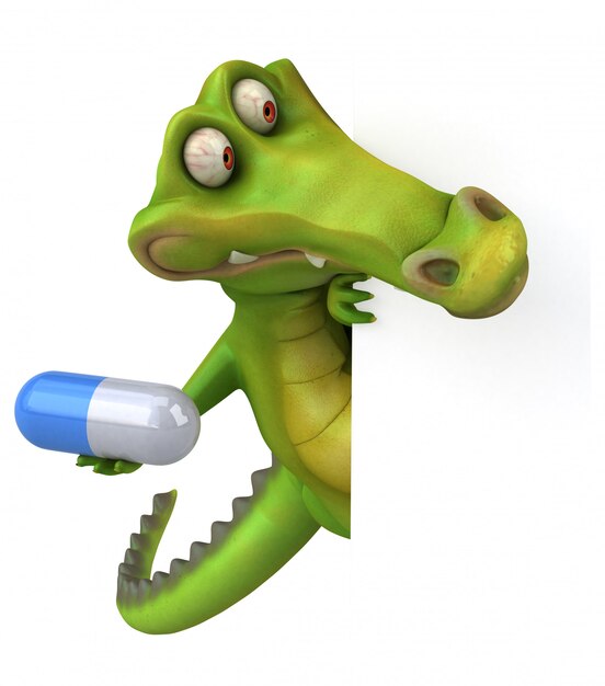 lustiges illustriertes Krokodil, das eine Pille hält
