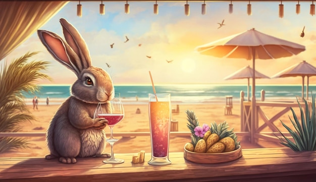 Lustiges Kaninchen, das Cocktails an der Bar am Strand und am Meer trinkt. Generative KI