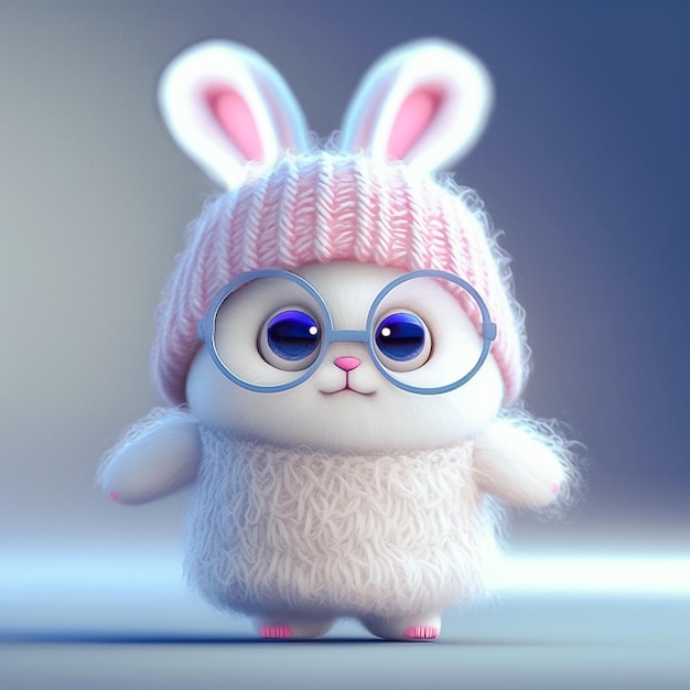 Lustiges Kaninchen mit Beanie-Mütze und Brille posiert vor einem verspielten, von der KI generierten Hintergrund