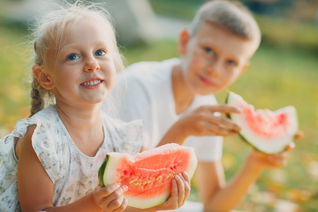 Lustiges kleines Kleinkind Kinder Bruder und Schwester essen Wassermelone auf dem Park glücklicher Junge und Mädchen zusammen Kindheit Familie gesunde Ernährung Konzept