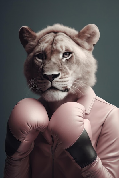 Lustiges Porträt eines Löwen, der Boxhandschuhe und einen rosa Anzug in die Kamera sieht