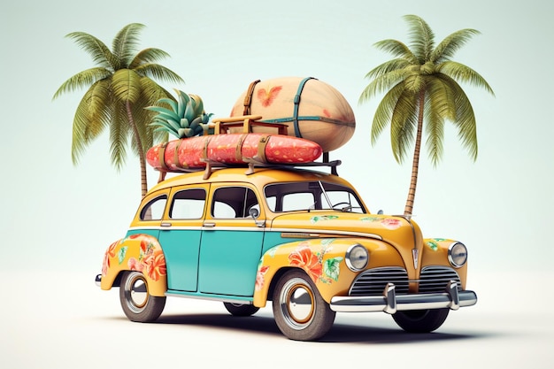 Lustiges Retro-Auto mit Surfbrettern, Koffern und Palmen. Ungewöhnliche Sommerreise-3D-Illustration