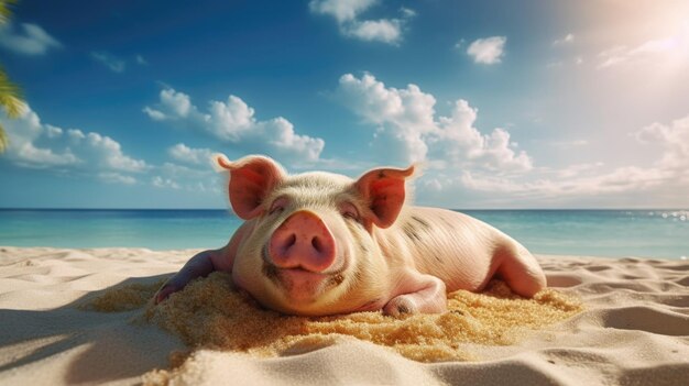 Lustiges Schwein, das sich am Strand ausruht, Meerblick, Ozean, Ruhe, Tourismus, Vergnügen, Urlaub, Sonnenlicht, generative KI