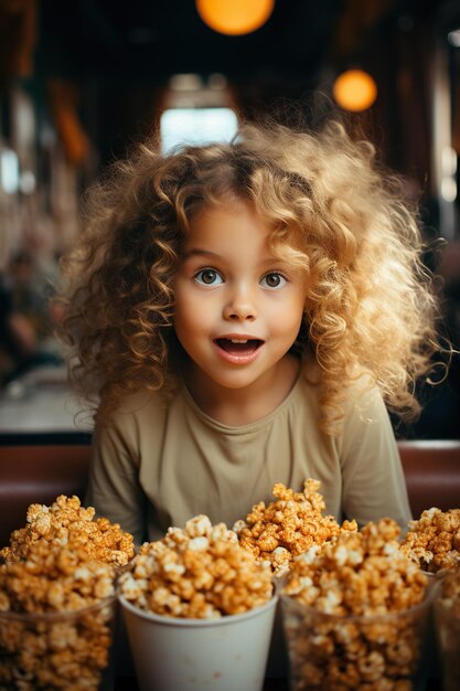 Lustiges und lächerliches Kind isst Karamell-Popcorn