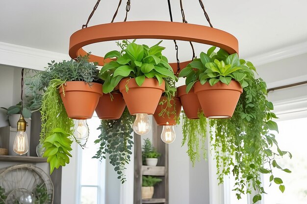 Lustre de jardim pendurado DIY com plantadores de terracota em cascata e brilho de lâmpada Edison suave