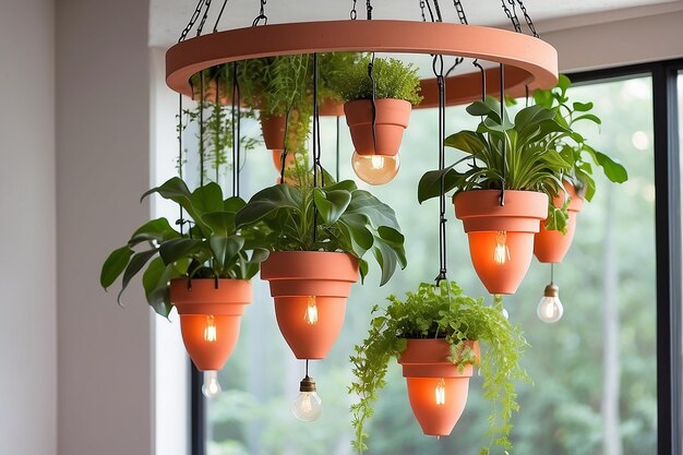 Lustre de jardim pendurado DIY com plantadores de terracota em cascata e brilho de lâmpada Edison suave