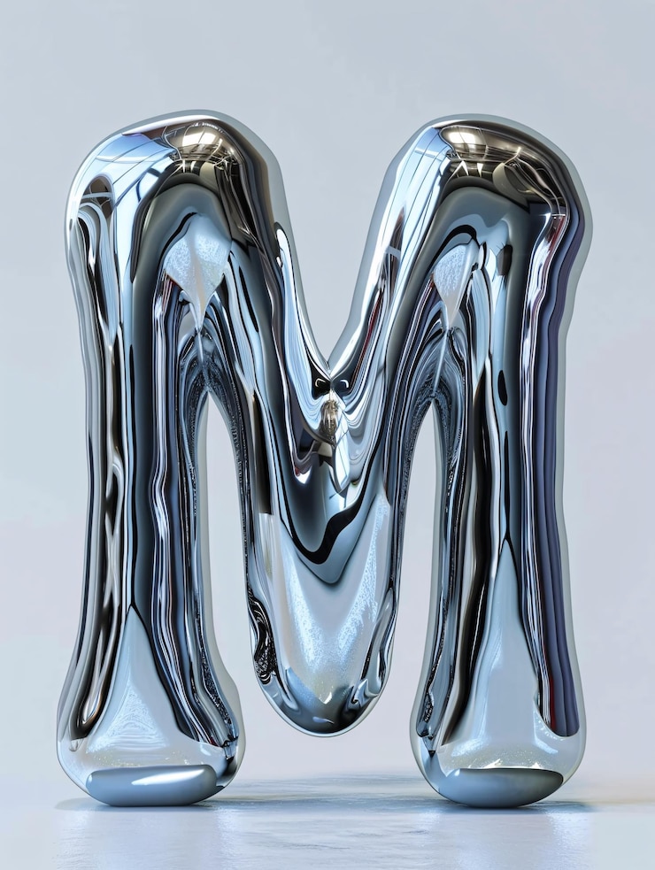 Foto lustrosa letra de metal 3d e con una elegante superficie reflectante forma fluida abstracta para el alfabeto de fuente plateada estética contemporánea y2k