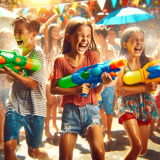 Luta de água alegre de crianças em um cenário de festival ensolarado