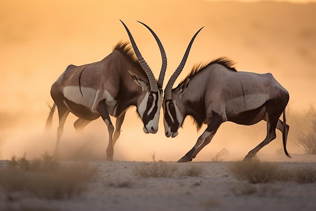 Luta intensa entre dois Gemsbok masculinos em planícies empoeiradas criadas com ferramentas generativas de IA