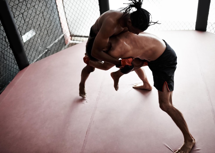 Foto luta wrestling e homens em gaiola para competição de kickboxing desafio e aptidão com esportes no ginásio match lutador forte e resiliência no exercício sparring prática e poder na batalha juntos