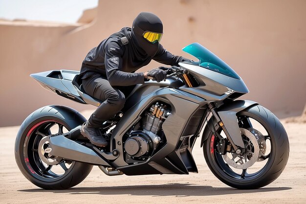 Lutador muçulmano futurista com a motocicleta de combate mais rápida com tecnologia avançada