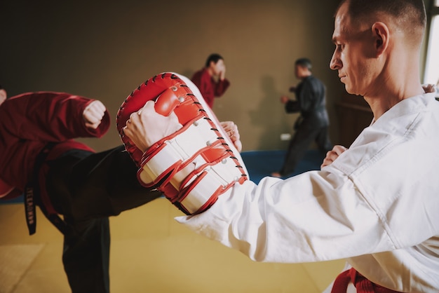 Foto lutadores de artes marciais em cores diferentes.