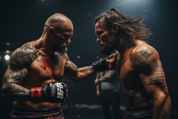 Foto lutadores intensos de mma lutando em campo, fotografias de combate cativantes