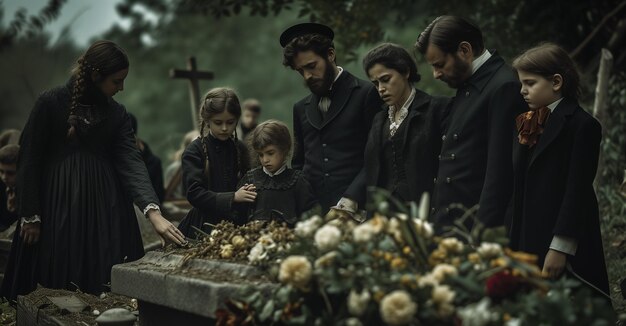 Foto luto familiar en la tumba en un cementerio o cementerio