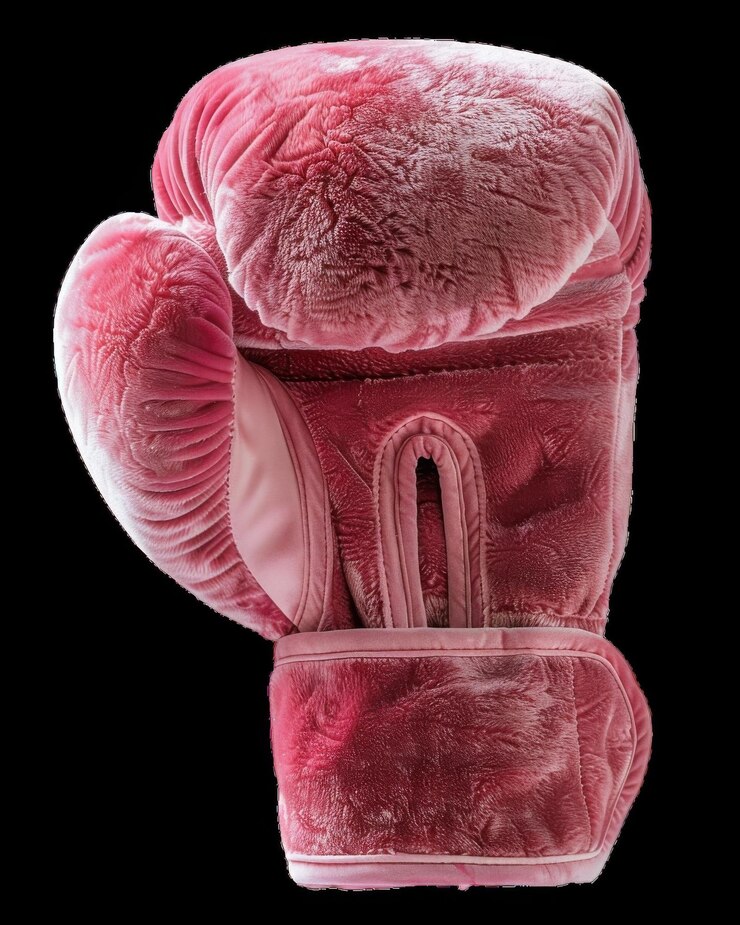 Foto luva de boxe rosa suave exibida contra um fundo preto
