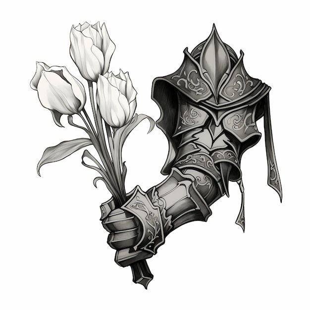 luva medieval segurando tulipas de papagaio desenho de tatuagem preto e branco