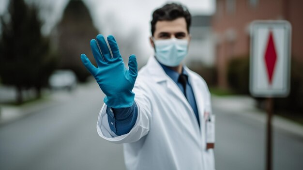 Foto luvas cirúrgicas médico fazendo o sinal de parada ai gerado