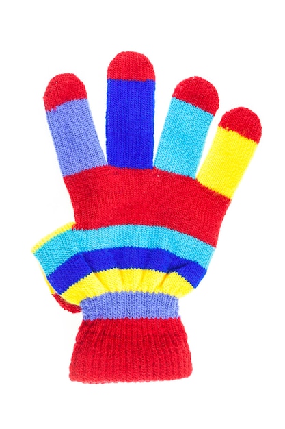 Luvas coloridas finas mostram quatro dedos isolados no branco.