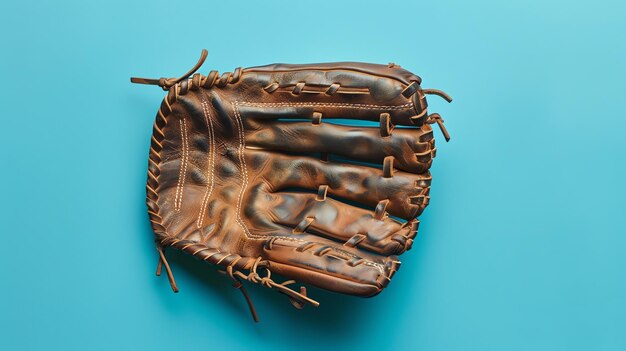 Foto luvas de beisebol de couro castanho bem usadas em um fundo azul a luva está aberta e vazia com os dedos apontando para cima