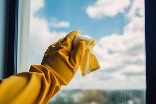 luvas de borracha amarela limpando janela com spray de limpeza vista para o céu azul