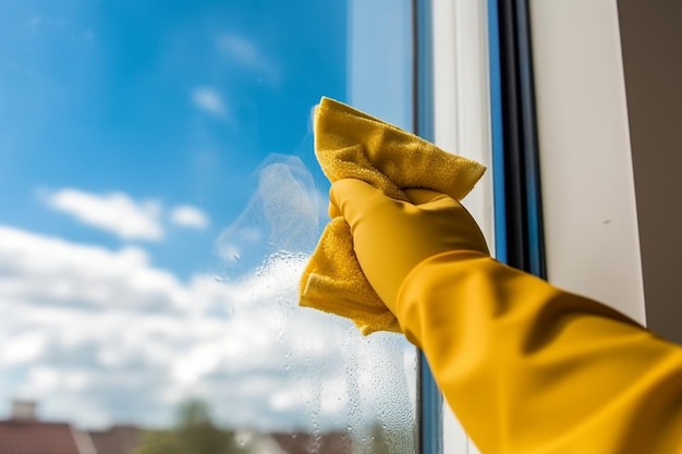 luvas de borracha amarela limpando janela com spray de limpeza vista para o céu azul